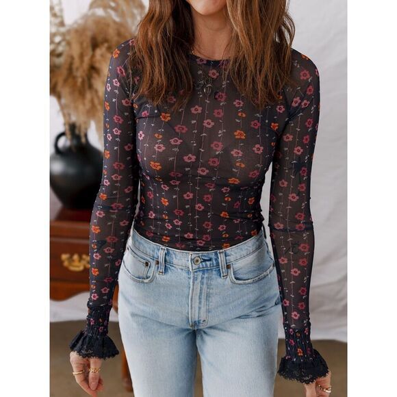 Private Label Tops - Floral Print Smocked Ruffle Cuff Slim Fit Mesh Bodysuit Sz Small